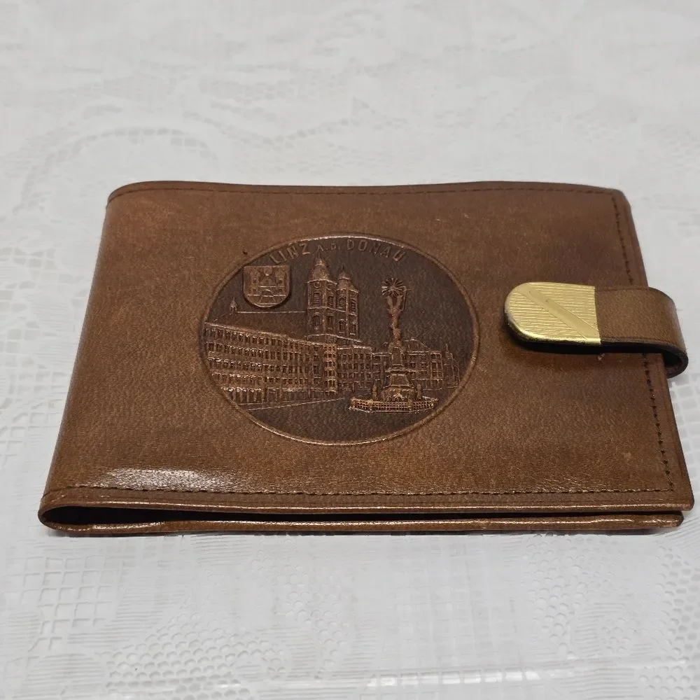 Vintage 50s Austrian Brown Leather Wallet LINZ DONAU Medallion Embossed